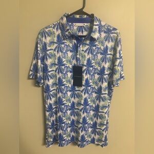 7 Diamonds Polo Size Small Tropical All Over Print 4-Way Stretch New Palm Blue